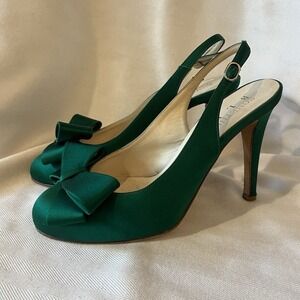 Something Bleu Emerald Green Satin‎ Bow Slingback Heels Made in Italy Size 7.5